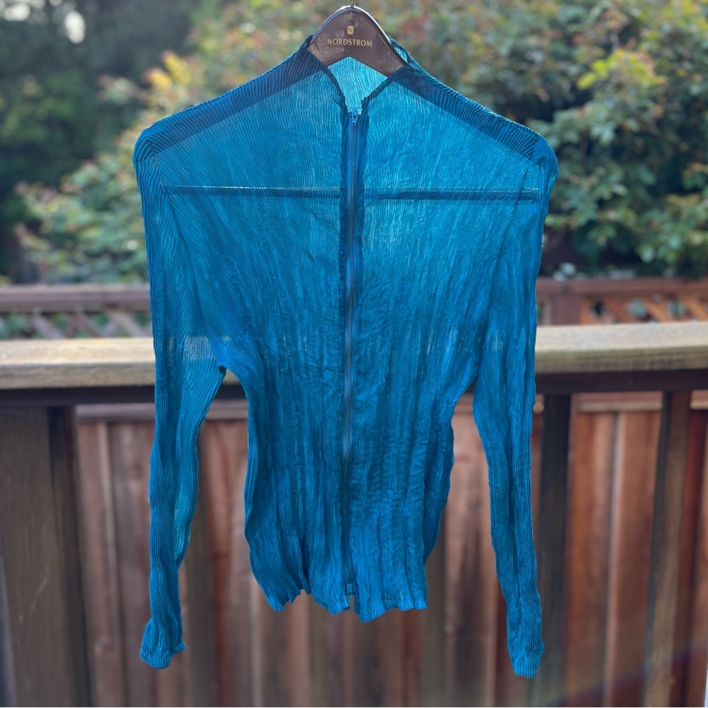 Plisse Pleats teal Double Zip-Up Lightweight Cardigan